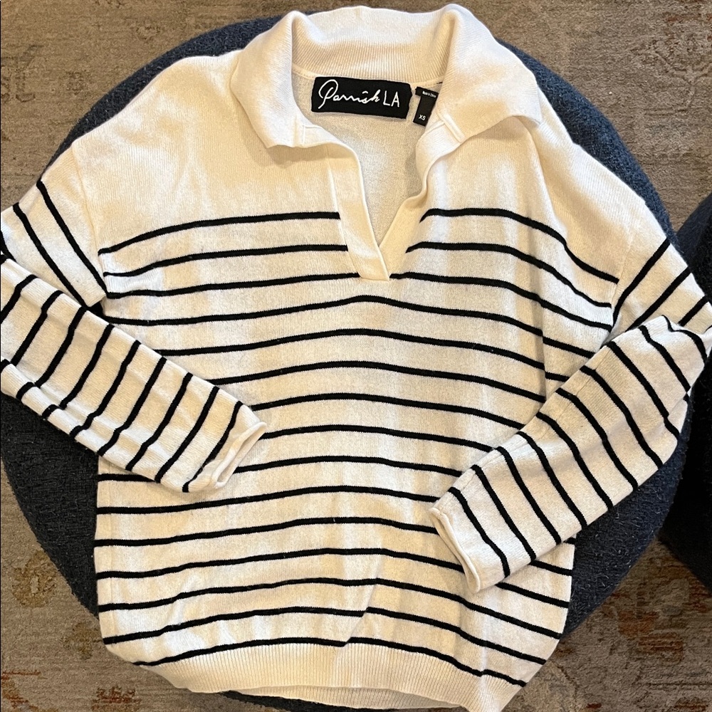 Cashmere Striped Collared V-neck Sweater- Parrish LA